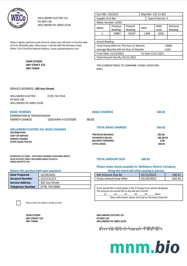 USA Pennsylvania Wellsboro Electric rachunek za media szablon w formacie Word i PDF